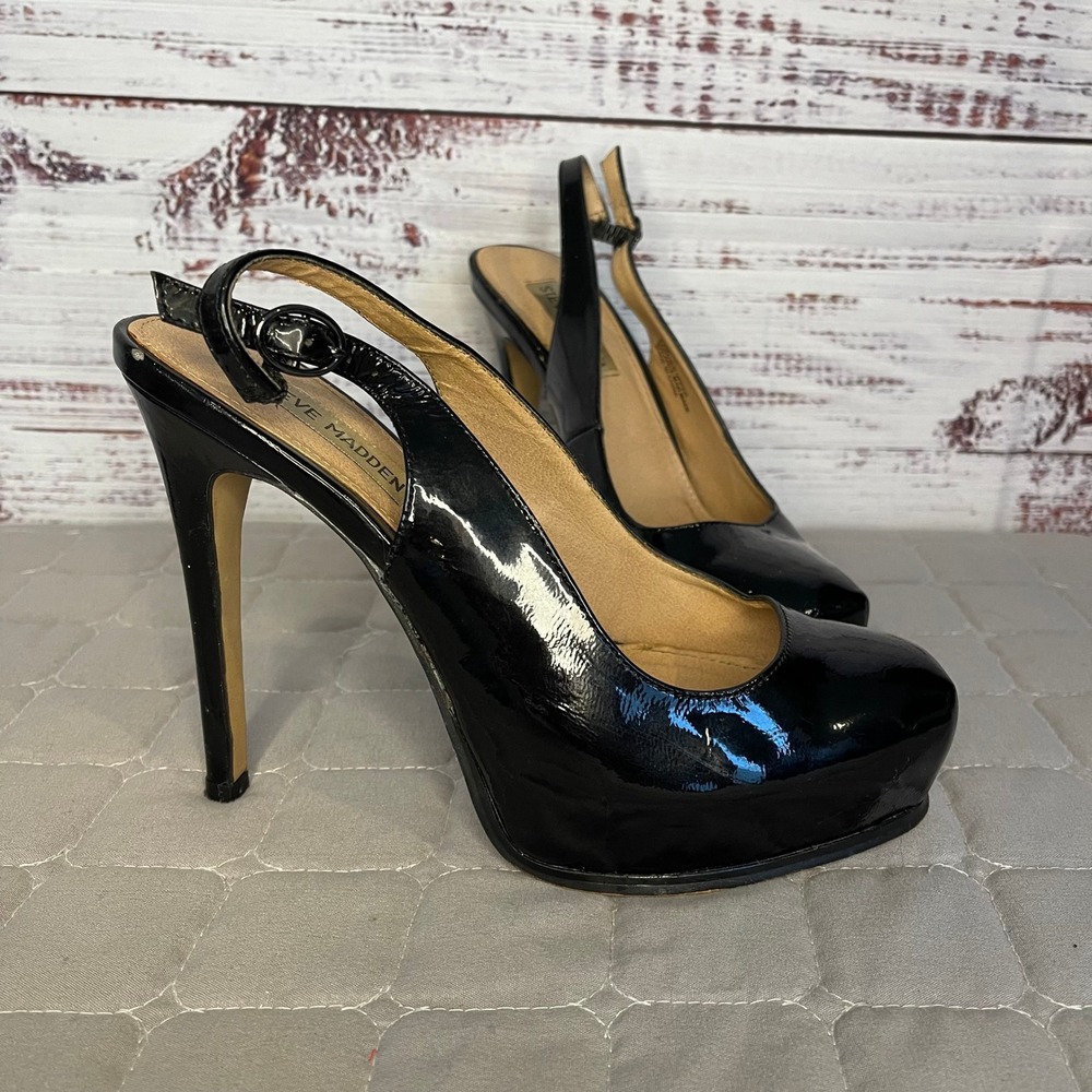 Steve Madden Staciee Black Patent‎ 5 Inches Platform Slingback Heels Womens 8.5